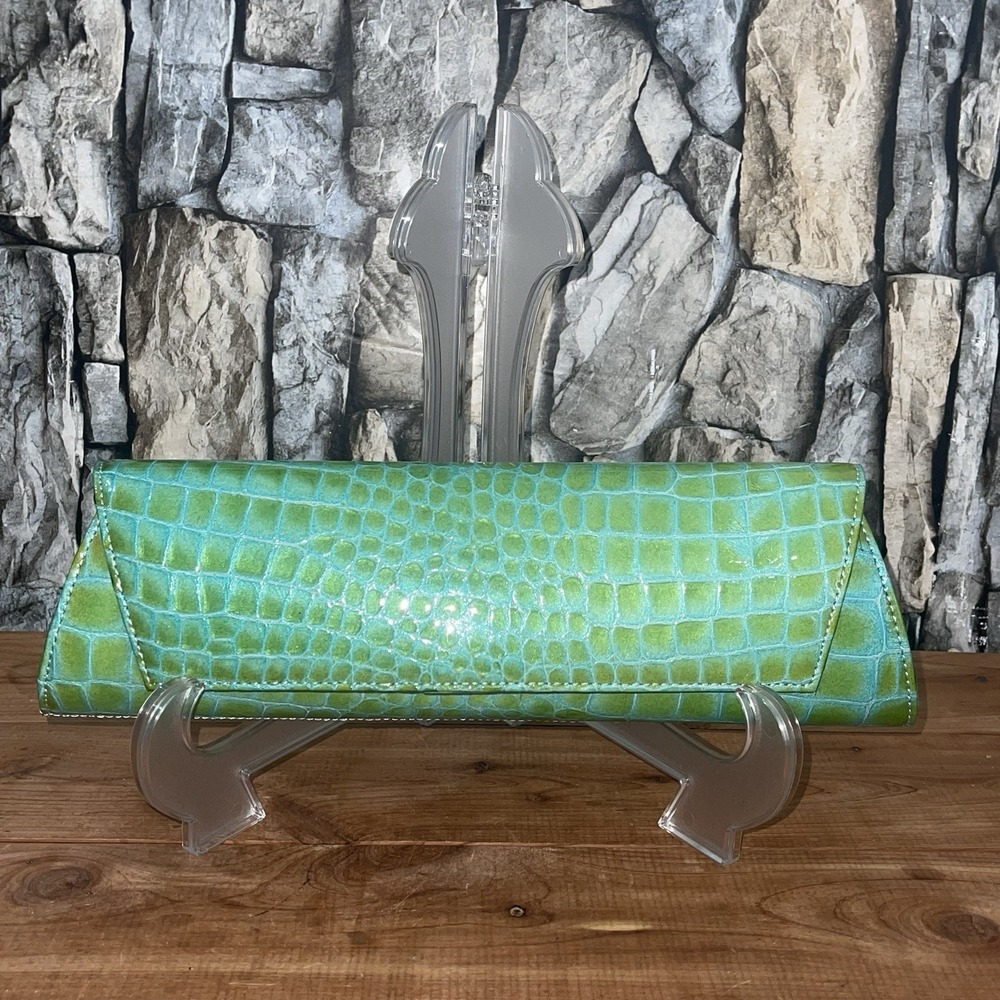 VTG Prague Green & Blue Ombre Croc Embossed Envelope Clutch Satin Interior Y2K